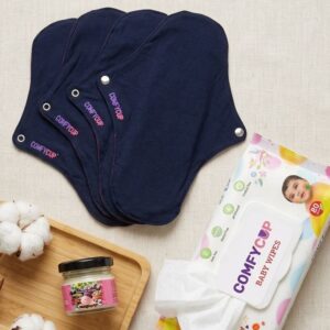 New Mom Essential Kit – 4 Reusable Cloth Pads + 80 Baby Wet Wipes + Natural Nipple Cream (Kokum Butter & Virgin Coconut Oil)
